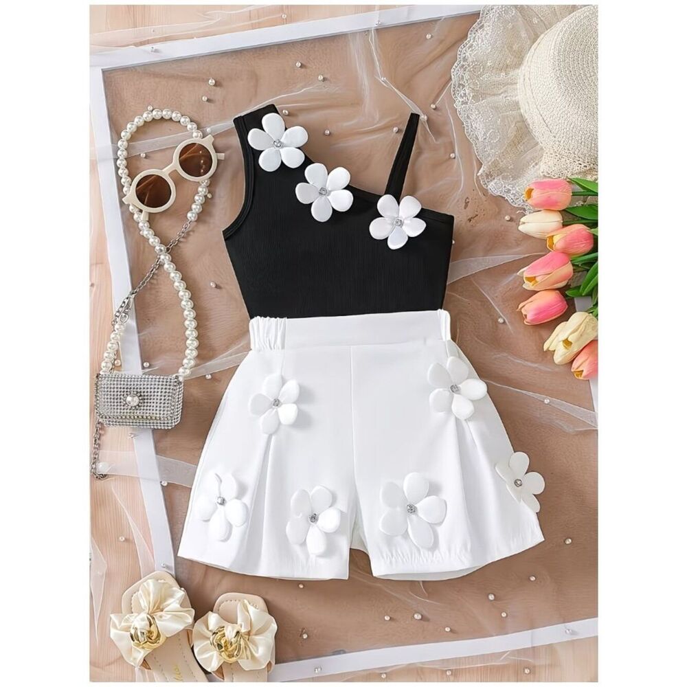Petal Pop 2pc Set – Black & White Tank and Shorts with 3D Flower Embellishments